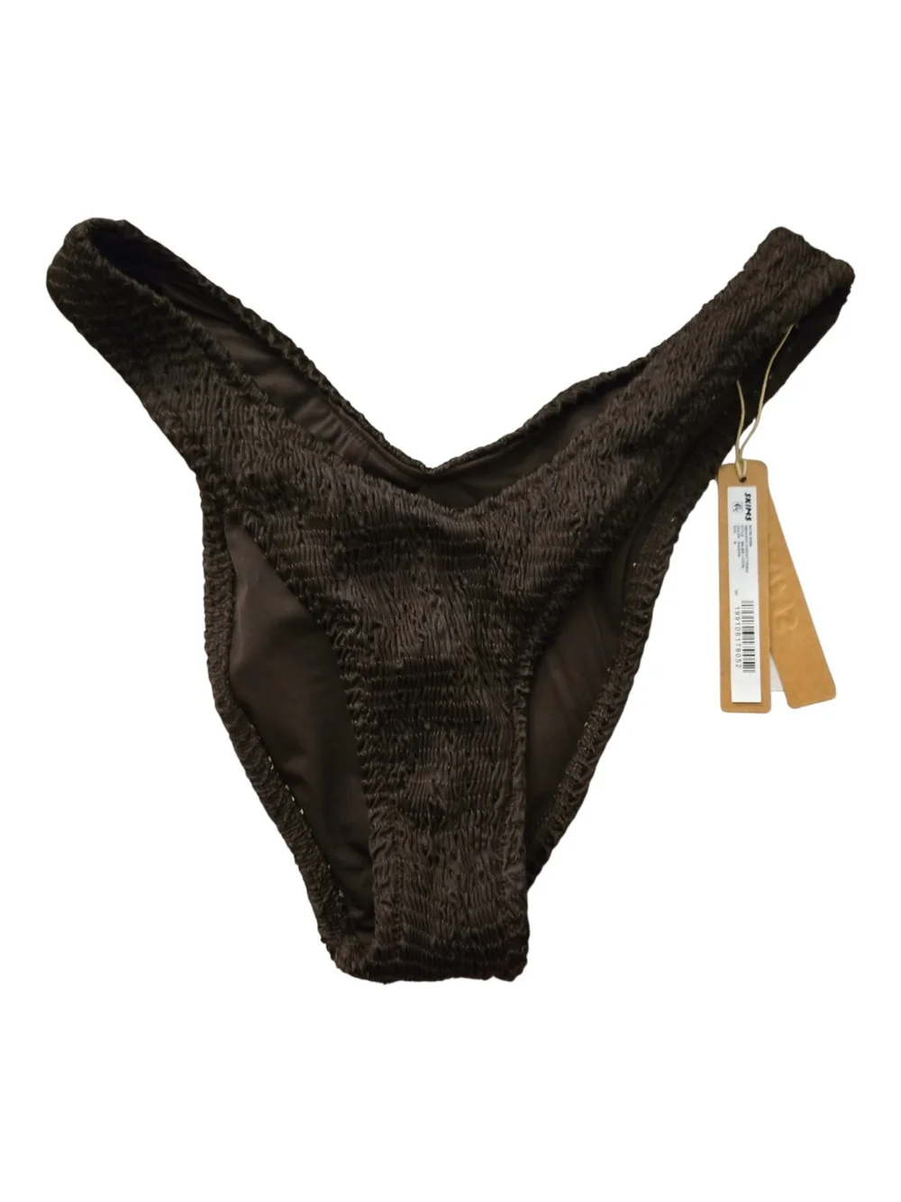 NWT SKIMS Satin Swim Smocked Cheeky Tanga Bikini Bottom Brown Phoenix Medium